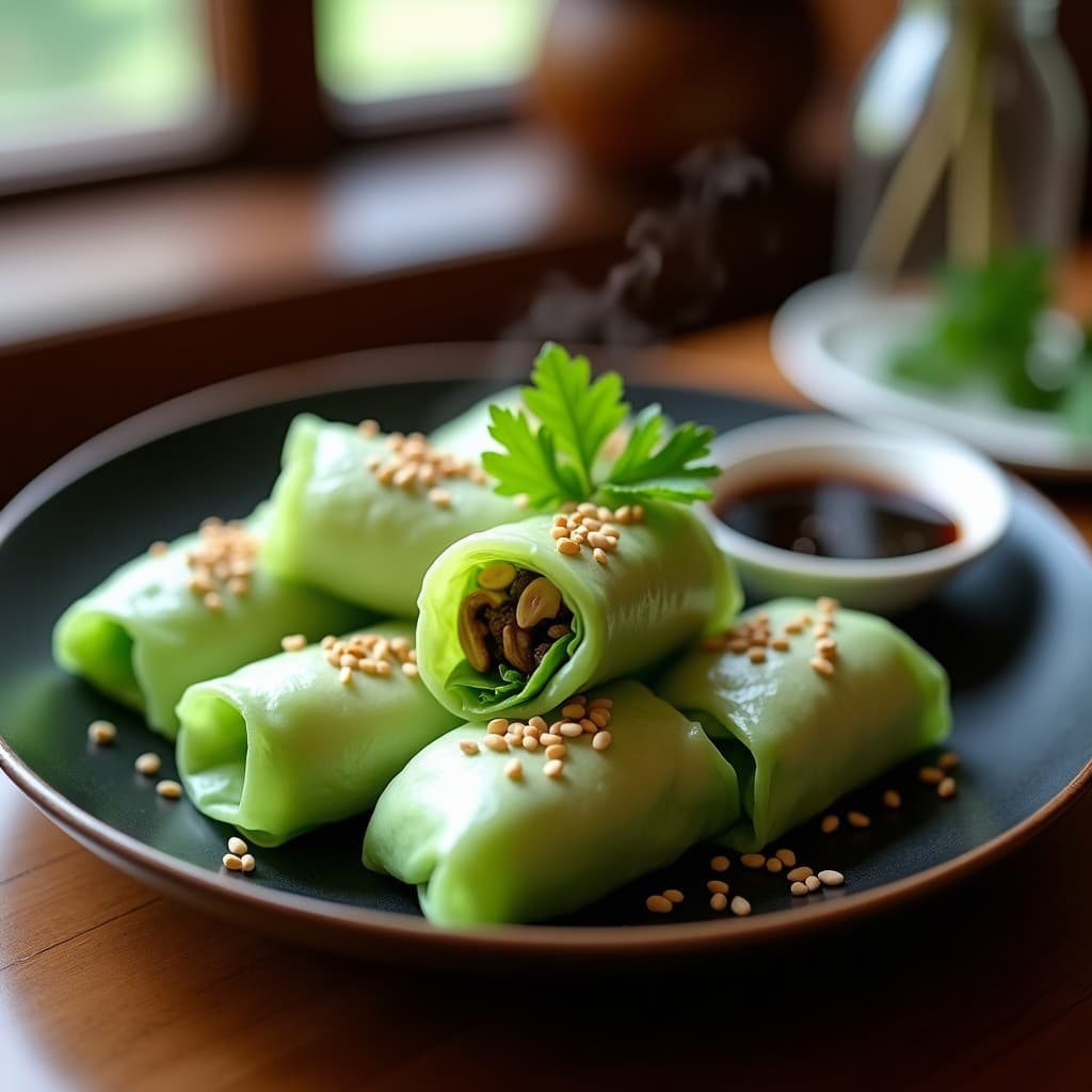 Rollitos de primavera veganos de repollo verde rellenos de hongos shitake, servidos en un plato de bambú con semillas de sésamo y cilantro fresco, receta china al vapor.