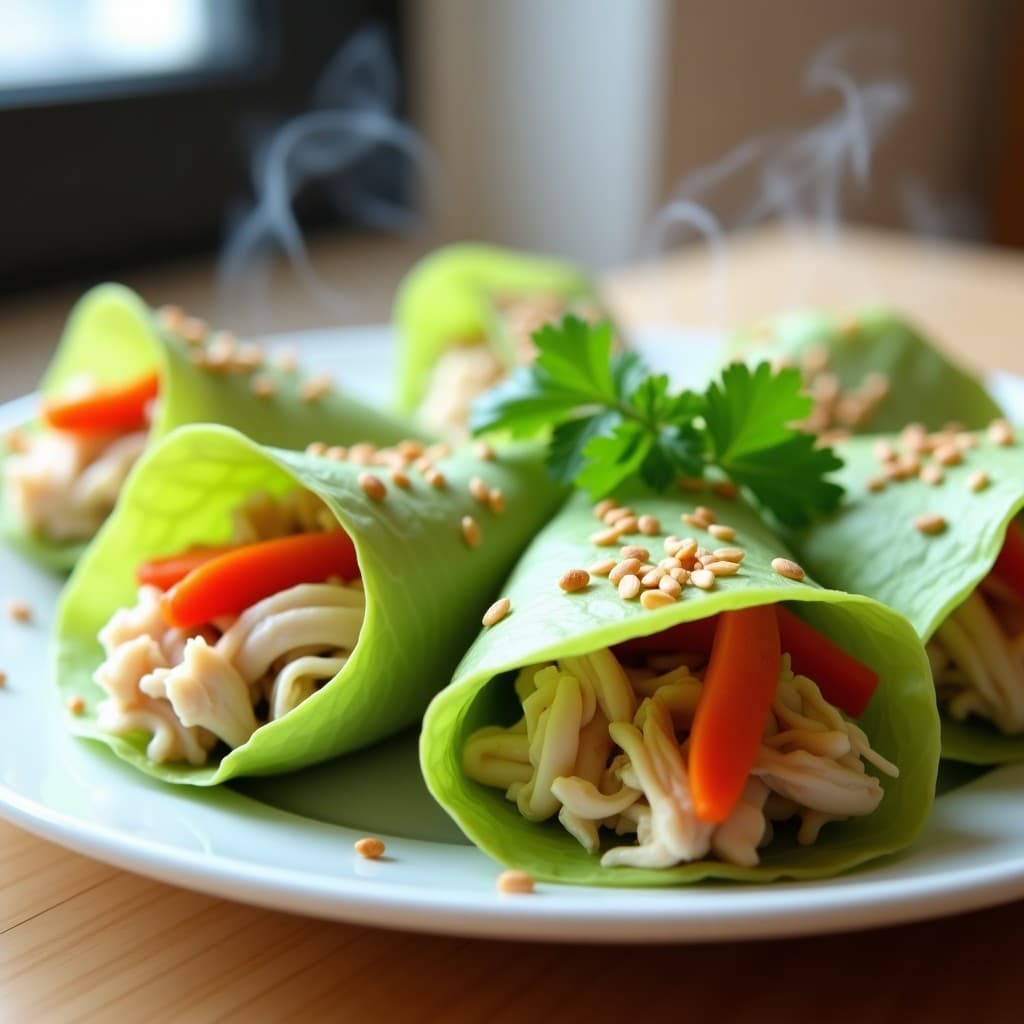 Rollitos de primavera light con envoltura de repollo verde y relleno de pollo, zanahoria y pimiento, servidos en plato blanco con semillas de sésamo y cilantro fresco, receta china saludable al vapor.