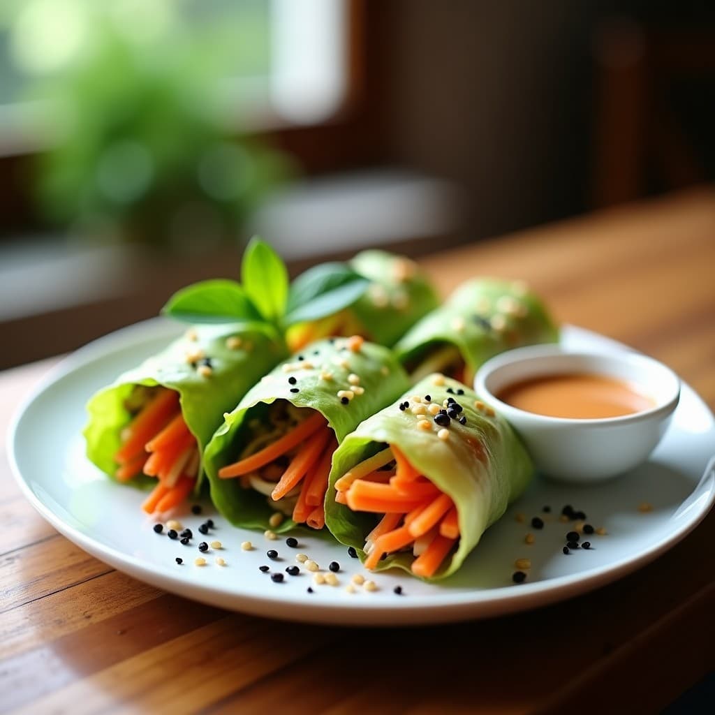 Rollitos de primavera veganos en olla lenta, dorados y crujientes, con repollo verde, zanahoria en juliana y tofu, servidos en plato blanco con semillas de sésamo y salsa oscura al lado.
