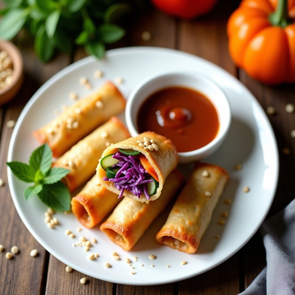 Rollitos de primavera veganos al horno dorados y crujientes, servidos en un plato blanco con salsa de tamarindo espesa y brillante, espolvoreados con semillas de sésamo. Verduras frescas asoman en el relleno.