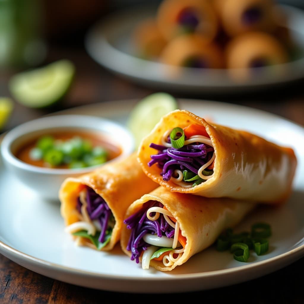 Rollitos de primavera dorados y crujientes rellenos de fideos de shirataki y verduras coloridas, servidos con salsa de cacahuete en un plato blanco. Receta china keto en airfryer.