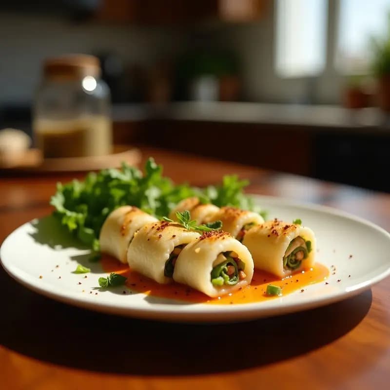 Rollitos de primavera vietnamitas crudiveganos con tofu marinado, hierba buena fresca, pimiento rojo, zanahoria y germinados, envueltos en hojas de lechuga romana. Servidos en bandeja de madera con salsa de tamari y lima.