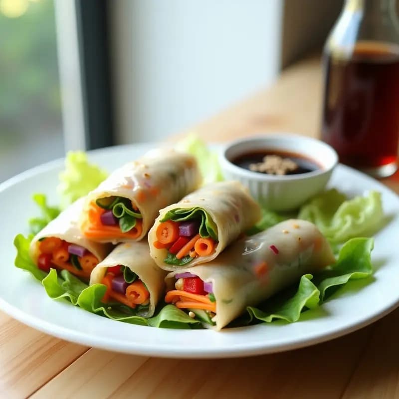 Rollitos de primavera veganos con tallarines de calabacín y salsa hoisin, servidos en plato blanco con semillas de sésamo y salsa oscura al lado. Receta china rápida y saludable.