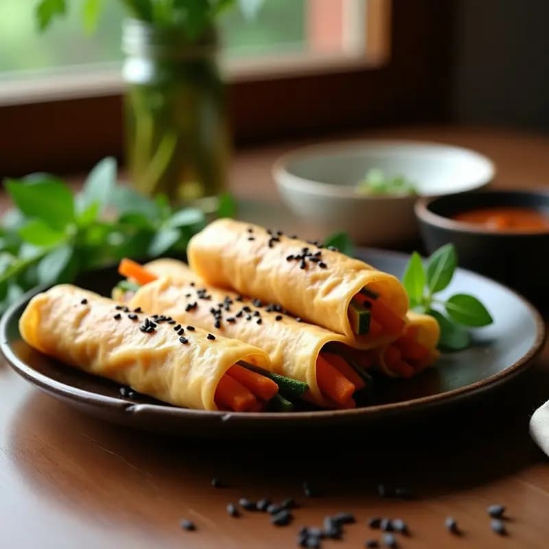 Rollitos de primavera veganos sobre un plato de madera oscura, rellenos de tiras de zucchini y zanahoria, con salsa de tamari y jengibre al lado. Fondos de hojas verdes y semillas de sésamo espolvoreadas.