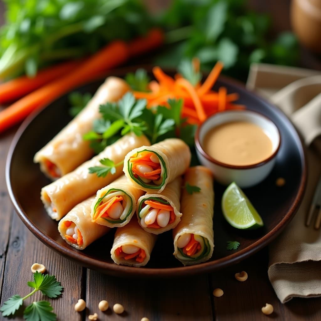 Rollitos de primavera vietnamitas dorados y crujientes en airfryer, rellenos de gamberas, vermicelli de arroz, zanahoria, pepino y hierbas frescas, servidos con salsa de lima y cacahuete sobre un plato de madera oscura.