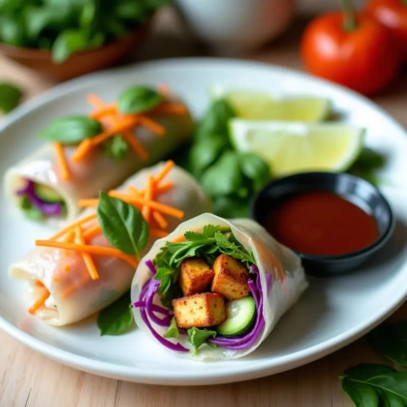 Rollitos de primavera vietnamitas veganos con papel de arroz transparente, rellenos de verduras frescas y tofu, acompañados de salsa hoisin oscura en un plato de cerámica blanca, decorados con hierbas frescas y rodajas de lima.