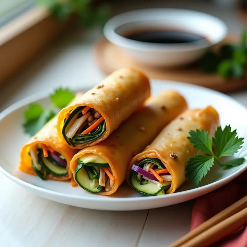 Rollitos de primavera vietnamitas dorados y crujientes con relleno de zucchini, hongos shitake y hierbas frescas, servidos en un plato blanco con salsa de soja, receta en airfryer sin fritura.
