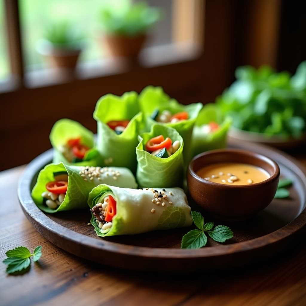 Plato de madera oscuro con rollitos de primavera crudiveganos rellenos de zucchini, hongos shiitake y pimiento rojo, servidos sobre hojas de lechuga romana. Acompañados de un bol pequeño con salsa de cacahuete cremosa y semillas de sésamo espolvoreadas por encima. Estilo minimalista con fondo difuminado en tonos verdes y marrones.