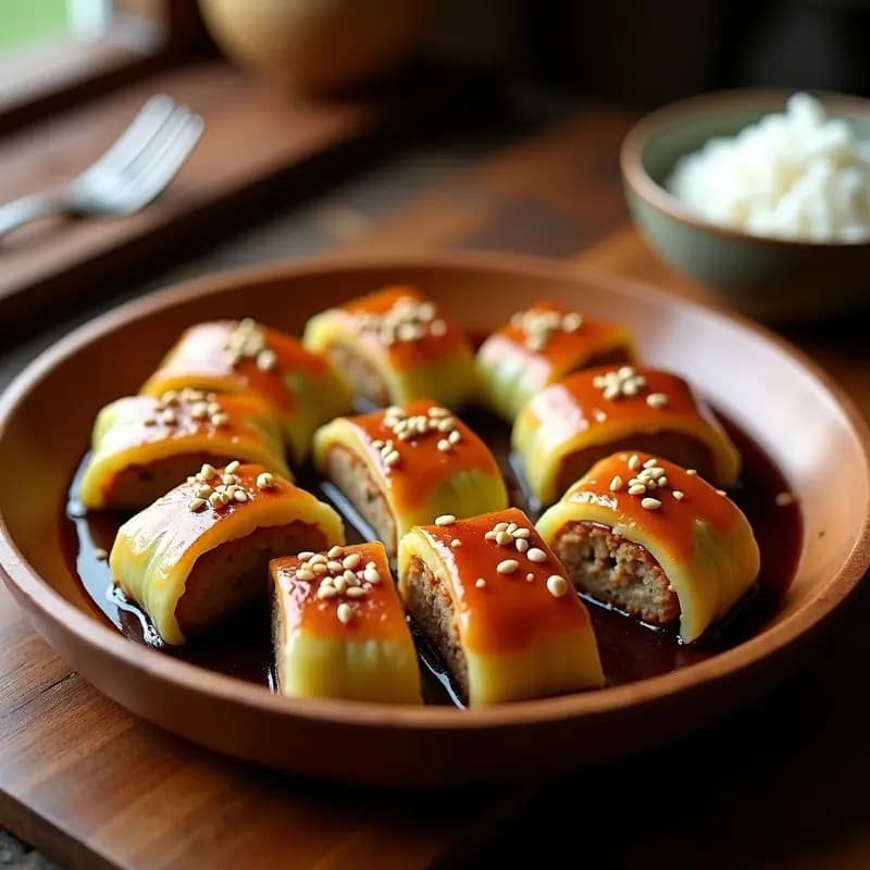 Plato de rollitos de repollo chino dorados rellenos de cerdo y setas shiitake, servidos en fuente de madera con salsa brillante y semillas de sésamo, receta china en wok alta en proteína.