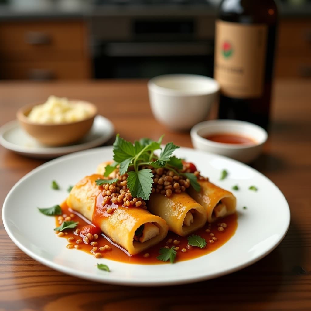 Rollitos de repollo chino veganos rellenos de setas ostra, zanahoria y pimiento, servidos en un plato de cerámica blanca con salsa de tamari espesa y semillas de sésamo. Fondos borrosos de ingredientes frescos como jengibre, ajo y cilantro.