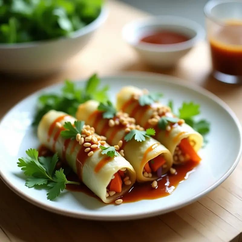 Rollitos de repollo chino rellenos de tempeh y zanahoria, cocinados al vapor, servidos en un plato blanco con salsa hoisin brillante, espolvoreados con cacahuetes triturados y cilantro fresco. Receta vegana china alta en proteína.