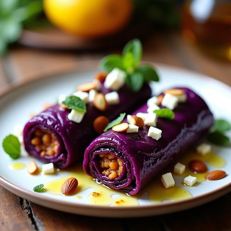 Rollitos de repollo morado rellenos de carne picante y queso feta dorados en airfryer, presentados en un plato blanco con hierbas frescas y almendras fileteadas, receta griega crujiente.