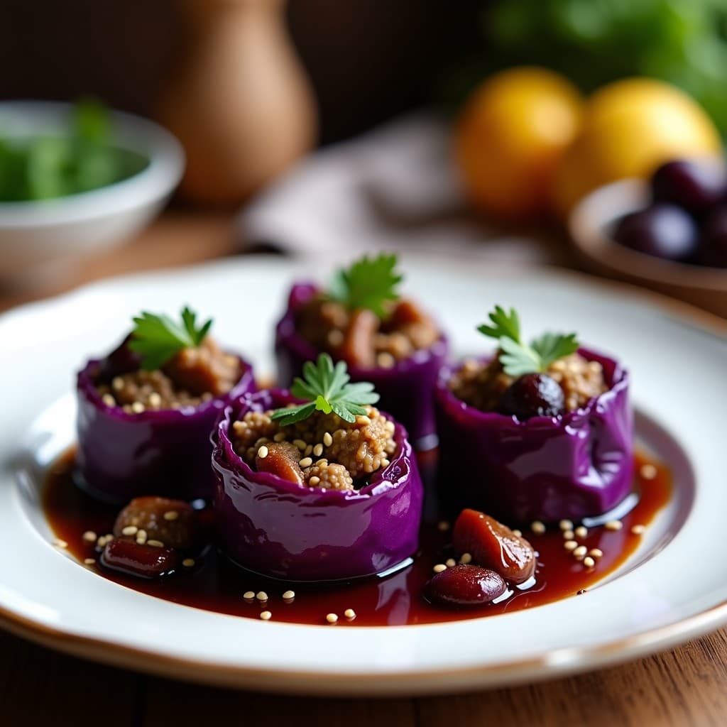Rollitos de repollo morado rellenos de carne de cerdo y ciruelas pasas, servidos en un plato de cerámica blanca con salsa espesa y semillas de sésamo. Receta china en olla lenta con toque gourmet.