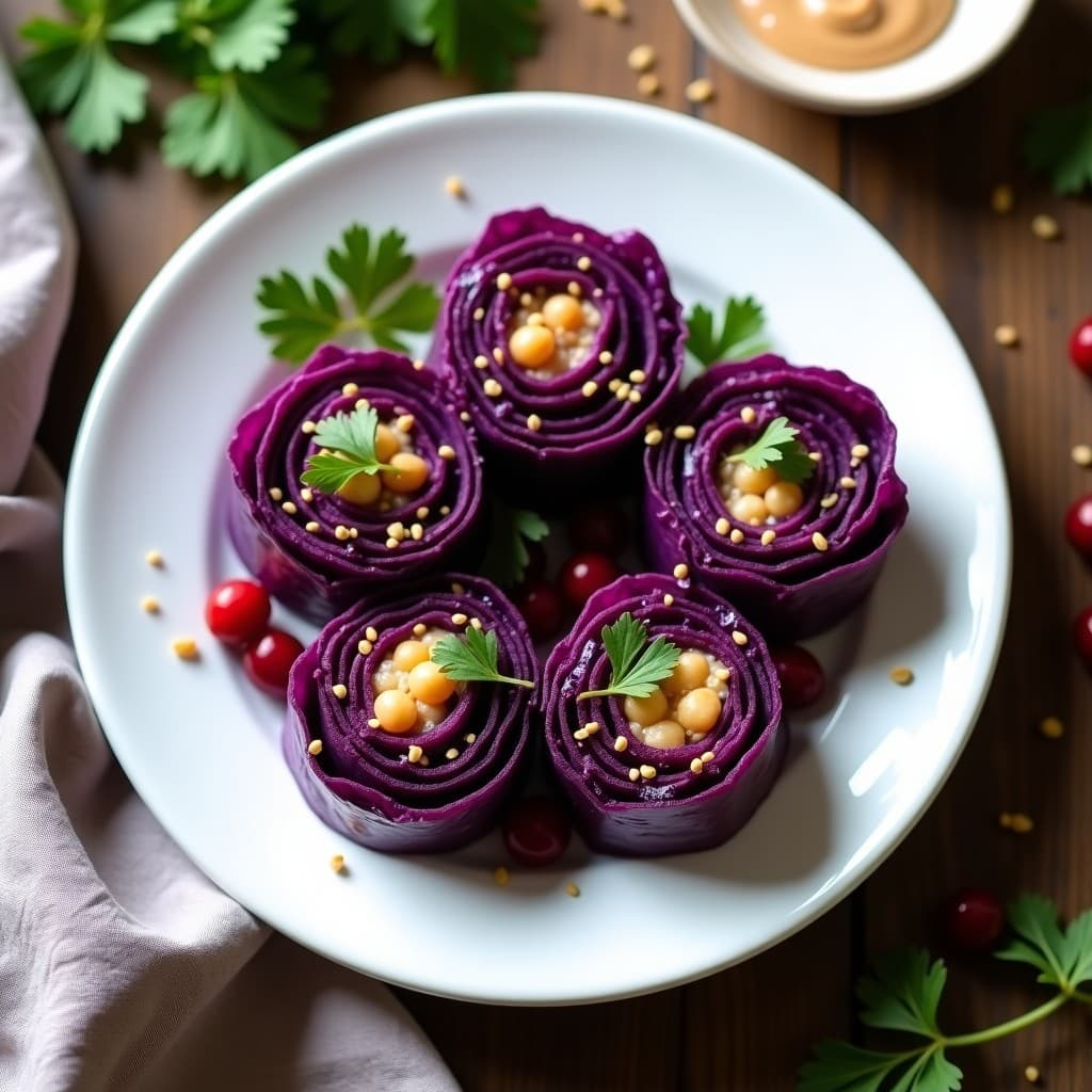 Plato blanco con rollitos de repollo morado rellenos de garbanzos y arándanos, decorados con semillas de sésamo y cilantro fresco. Receta crudivegana antioxidante servida sobre una base de hojas verdes.
