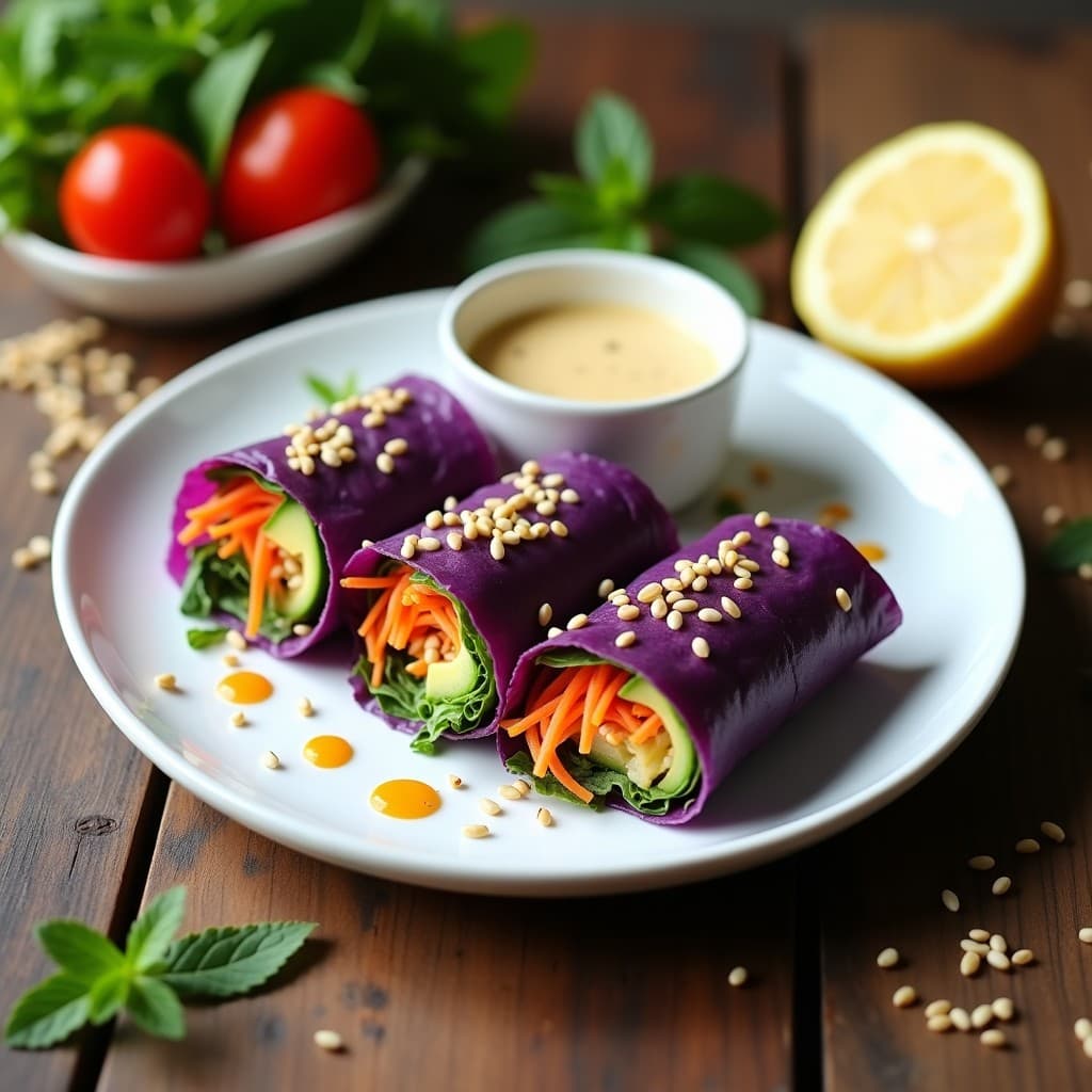 Rollitos de Primavera de Repollo Morado con Salsa de Tahini y Limón: Aperitivo crudivegano y crujiente