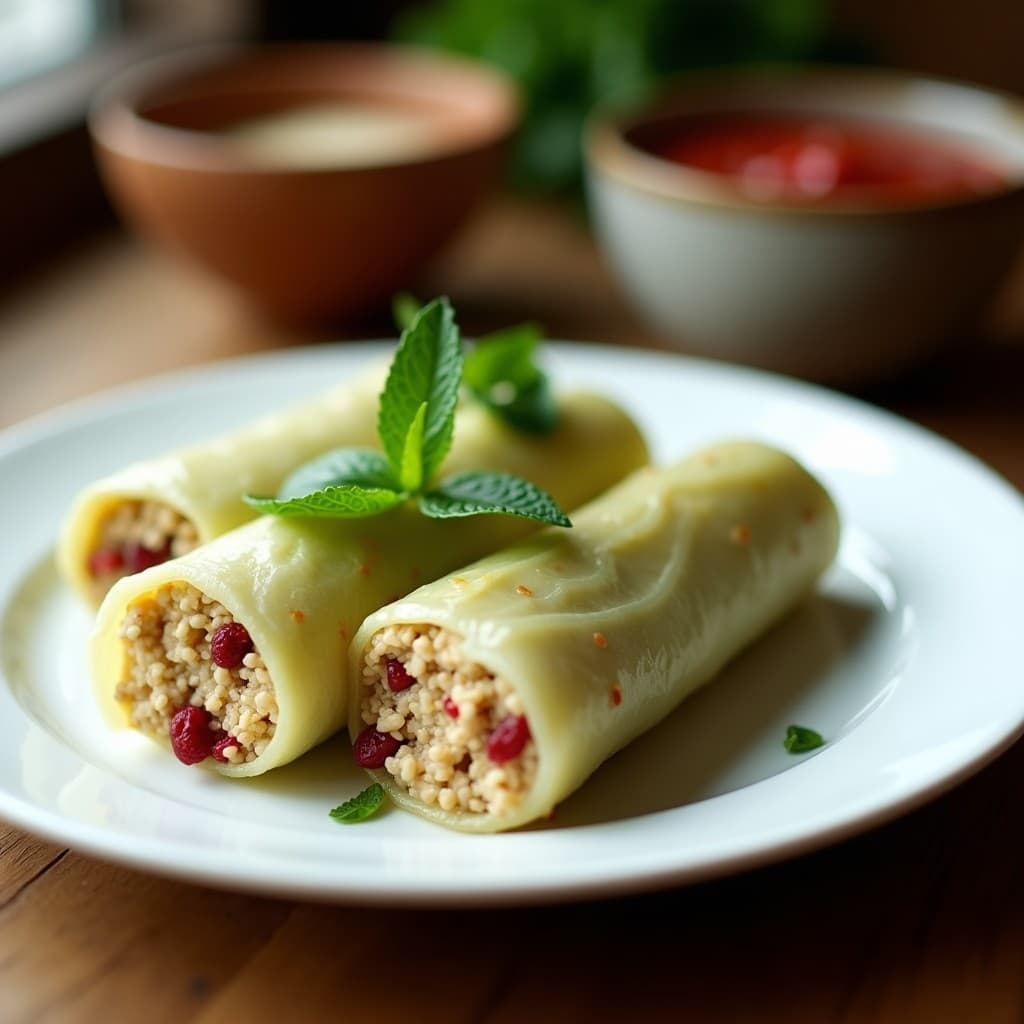 Plato blanco con rollitos de repollo verde rellenos de quinoa y arándanos, decorados con hojas de menta fresca. Los rollitos están cortados por la mitad para mostrar el relleno terroso con trocitos de arándanos y anacardos, con un fondo de madera rústica y luz natural.