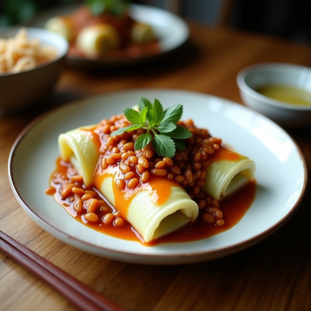 Rollitos de repollo verde rellenos de carne de soya y arroz integral, dorados por fuera y servidos en un plato blanco con cilantro fresco. Receta china vegana y alta en proteína en 30 minutos.
