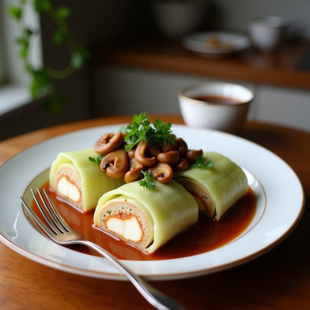 Rollitos de repollo chinés dorados en wok, rellenos de tofu sedoso y setas shiitake, servidos sobre plato de cerámica negra con semillas de sésamo negro y salsa de tamari, receta china vegana alta en proteína.