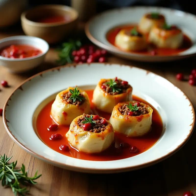 Plato hondo de barro con rollitos de repollo rellenos de carne de venado y arándanos, bañados en una salsa espesa de tomate y caldo, servidos con un toque de perejil fresco. Receta alemana en olla lenta.