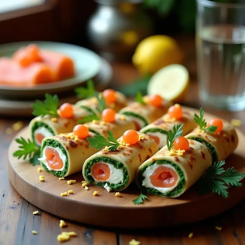 Rollitos de Salmón Ahumado y Queso Crema en Tortilla de Espinacas: Aperitivo Keto