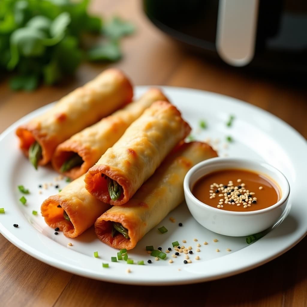 Rollitos de seta ostra y espárragos dorados y crujientes sobre papel de arroz, servidos en un plato blanco con salsa de sésamo espesa y semillas tostadas. Decorados con cilantro fresco y puntas de espárrago. Receta china en airfryer.