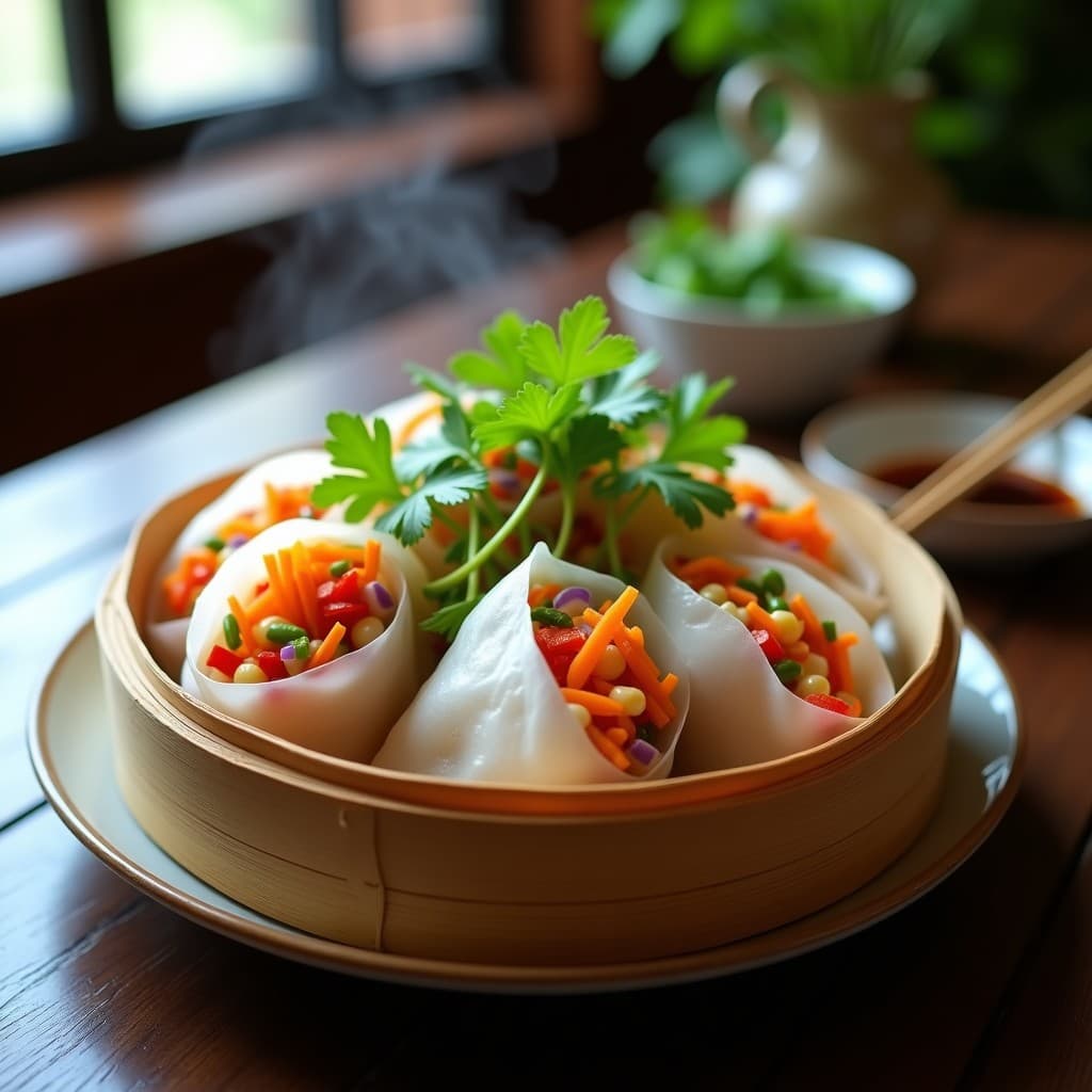 Rollitos de spring roll al vapor con papel de arroz translúcido, rellenos de tofu sedoso y verduras coloridas, servidos en una vaporera de bambú con hojas de cilantro y salsa de soja al lado.