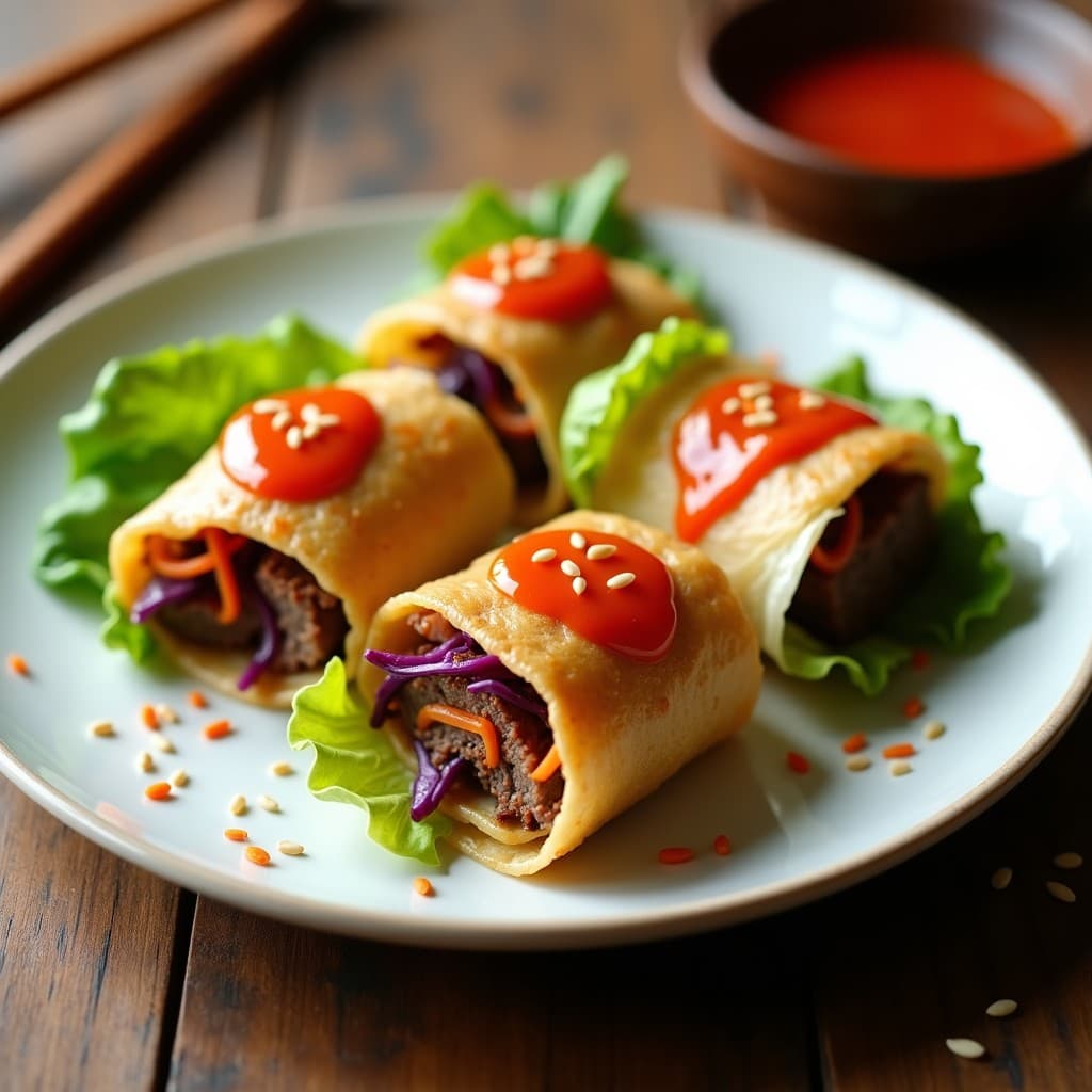 Rollitos coreanos dorados y crujientes de ternera premium y kimchi, servidos en plato blanco con salsa gochujang espesa y semillas de sésamo, receta fácil en airfryer.
