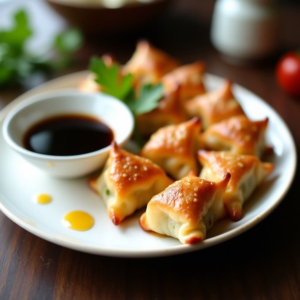 Rollitos de wonton dorados y crujientes rellenos de pollo y bambú, servidos en un plato blanco con salsa de soja y decorados con cilantro fresco. Receta china en airfryer.