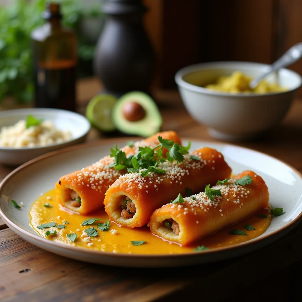 Rollitos de zucchini rellenos de quinoa y trufa keto en airfryer, servidos en plato blanco con virutas de trufa y perejil fresco, aperitivo italiano elegante.