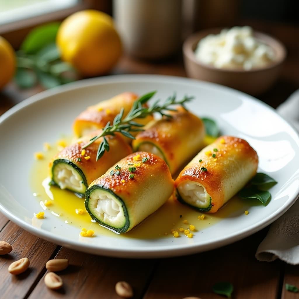Rollitos de zucchini rellenos de ricotta y hierbas provenzales dorados en airfryer, servidos en plato blanco con decoración de hierbas frescas y limón.
