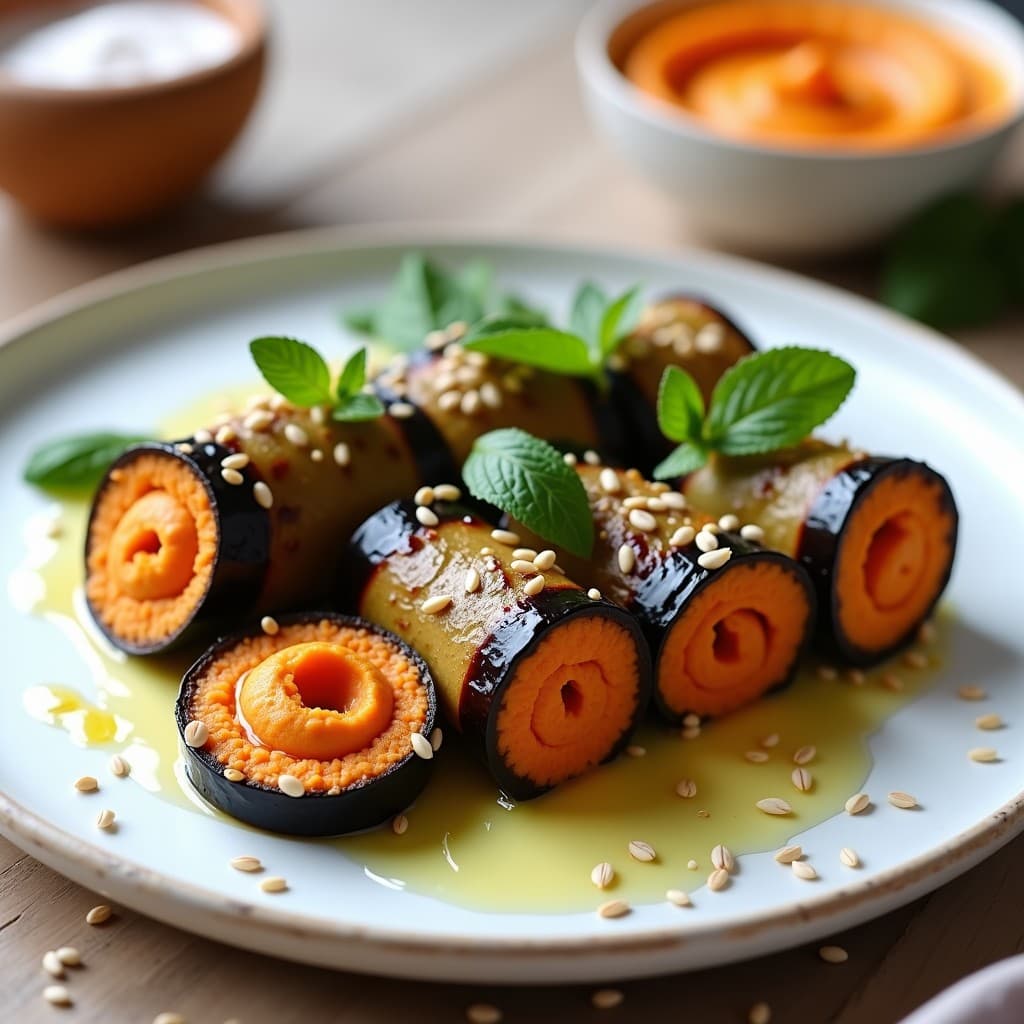 Rollos de berenjena asada rellenos de hummus de zanahoria naranja, dispuestos en una fuente blanca de cerámica con perejil fresco picado y un hilo de aceite de oliva virgen extra, receta vegana con proteína completa.