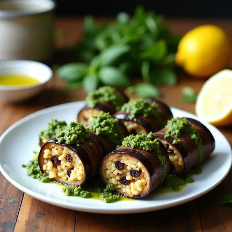 Rollos de berenjena asada rellenos de quinoa especiada y pesto de rúcula cremoso, servidos en un plato blanco con decoración de hierbas frescas y un hilo de aceite de oliva, receta mediterránea sin horno.