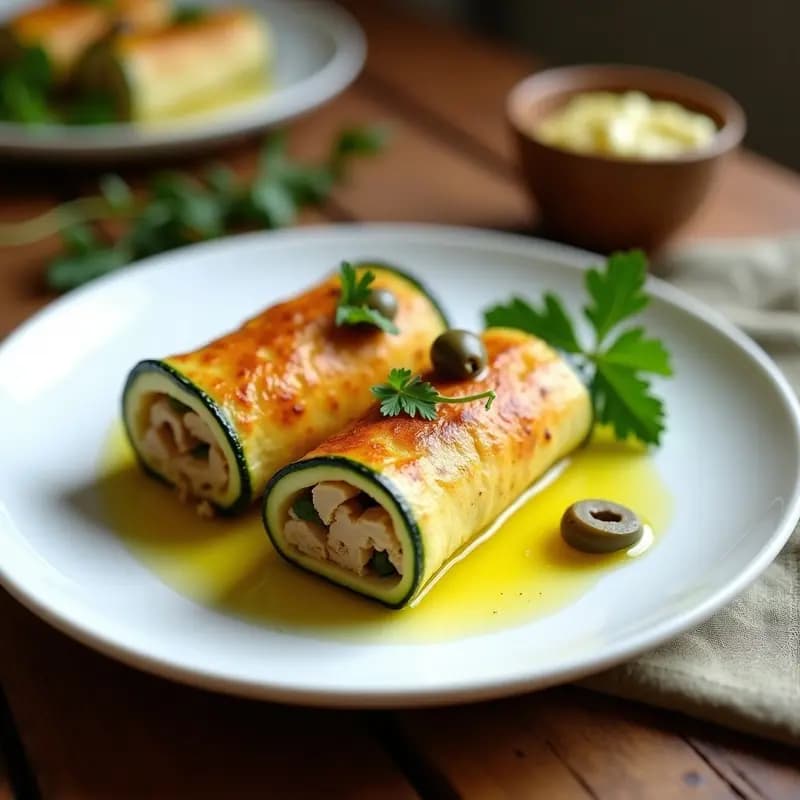 Rollos de calabacín dorados y crujientes rellenos de atún y aceitunas taggiasche, servidos en un plato blanco con hierbas frescas y rodajas de limón, receta italiana en airfryer sin harina.