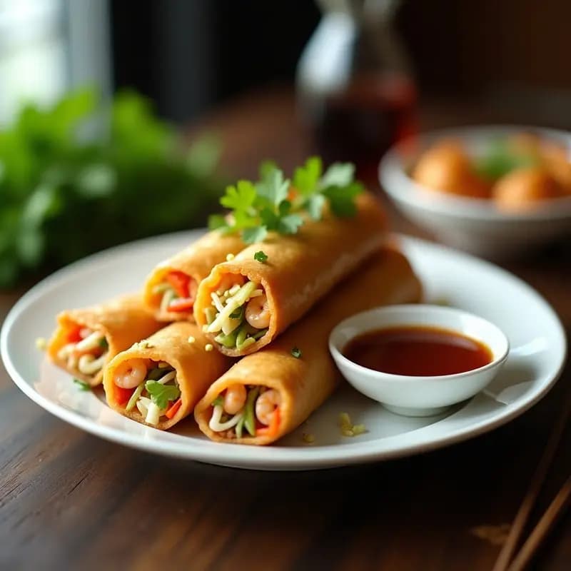 Rollos de primavera dorados y crujientes rellenos de camarones y verduras, servidos en un plato blanco con salsa hoisin espesa y cilantro fresco. Aperitivo chino tradicional con textura jugosa y exterior perfectamente frito en airfryer.