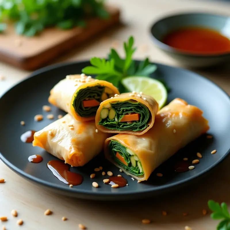 Rollos de primavera crujientes de col rizada y aguacate cortados en diagonal, mostrando capas de aguacate cremoso, col rizada verde y zanahoria naranja, servidos en plato blanco con salsa oscura y semillas de sésamo espolvoreadas. Receta vegana en airfryer.
