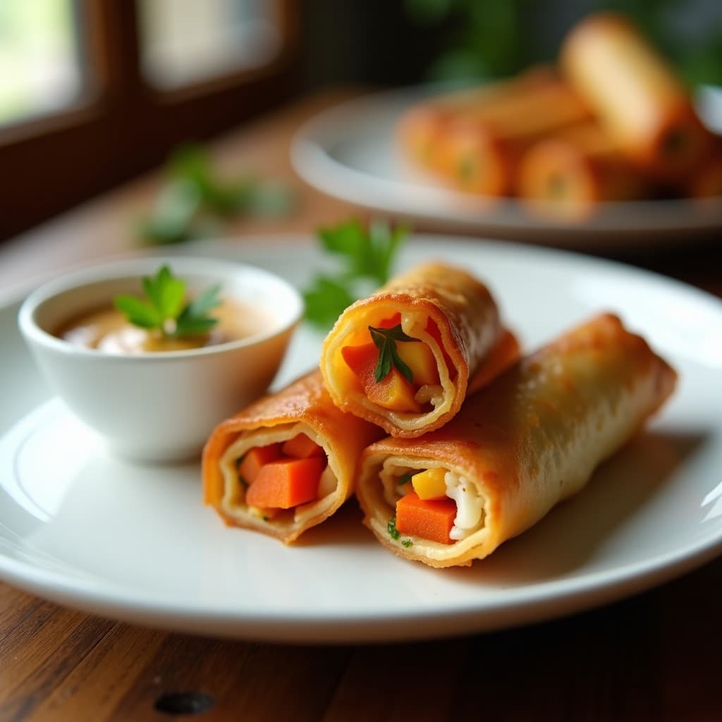 Rollos de primavera veganos al horno dorados y crujientes, rellenos de coliflor y zanahoria, servidos en un plato blanco con salsa de cacahuete cremosa y perejil fresco espolvoreado.