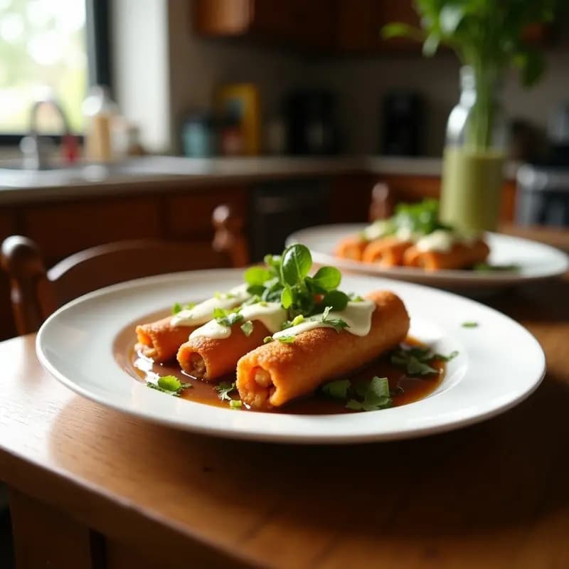 Plato de rollos de primavera fritos dorados y crujientes, rellenos de chocolate negro fundido y queso Philadelphia, espolvoreados con azúcar glas sobre papel de cocina absorbente. Receta de snack dulce-salado adictivo.