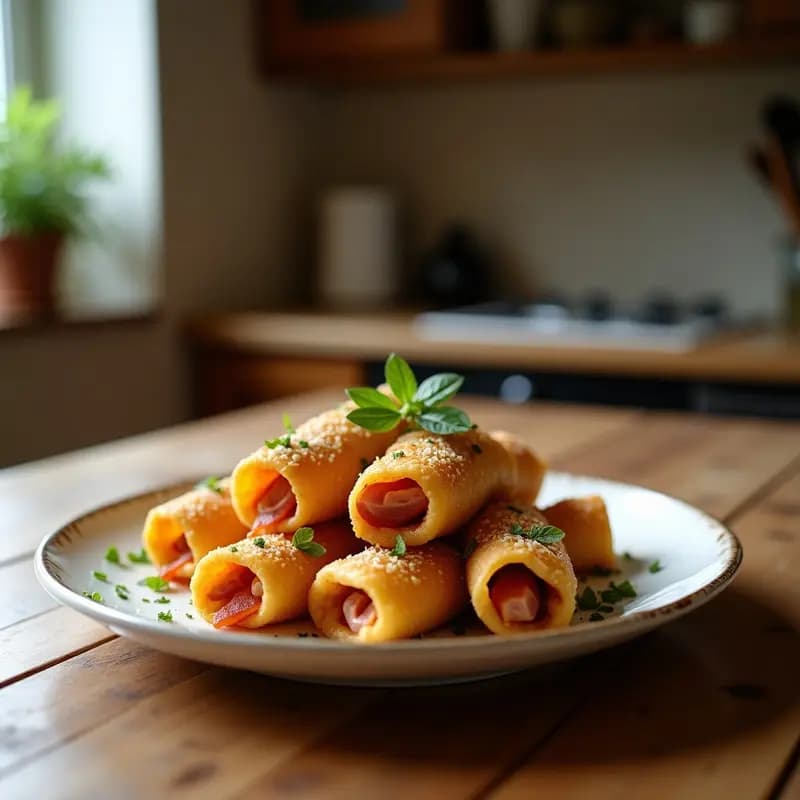 Rollos de primavera fritos dorados y crujientes rellenos de queso crema y jamón York, servidos en un plato blanco con salsa barbacoa para mojar. Receta de aperitivo chino con toque español.