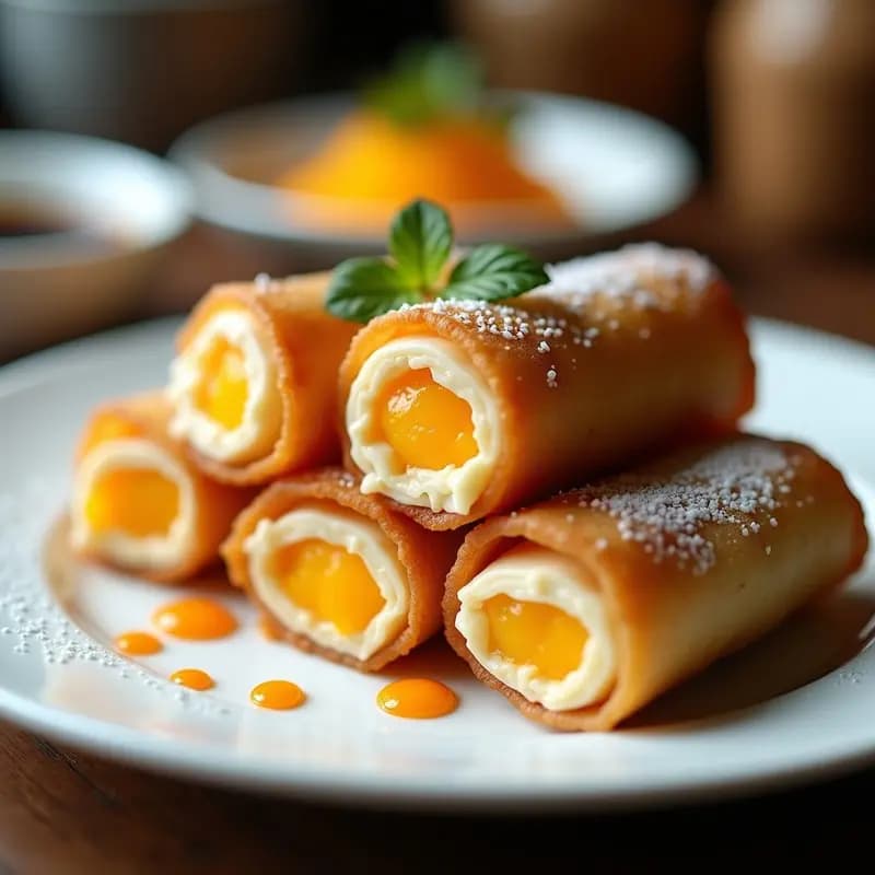 Rollos de primavera dorados y crujientes rellenos de queso crema y caviar de mango, servidos en un plato blanco con salsa de soja y mango triturado alrededor.