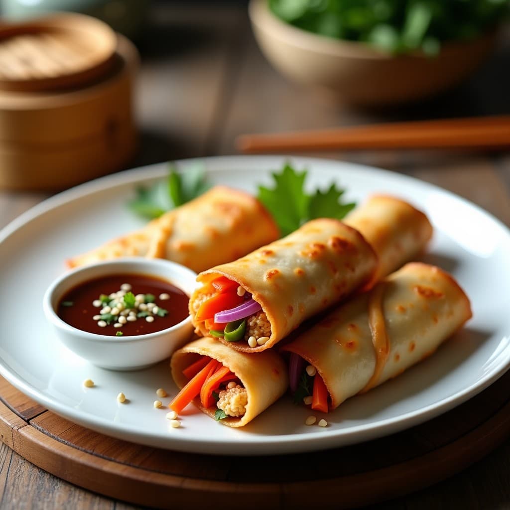 Rollos de primavera veganizados con jackfruit dorados y crujientes, servidos en un plato de cerámica blanca con salsa hoisin y semillas de sésamo, receta china en airfryer.