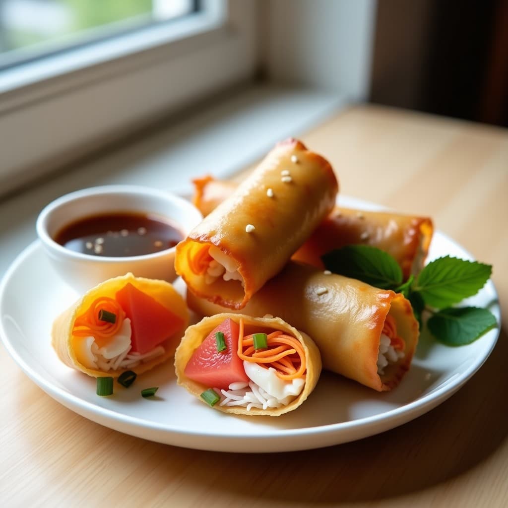 Rollos de primavera vietnamitas dorados y crujientes rellenos de pomelo rosa y cangrejo, servidos en un plato blanco con salsa ácida de limón verde y decorados con hojas de menta y rodajas de chile rojo, receta en airfryer.