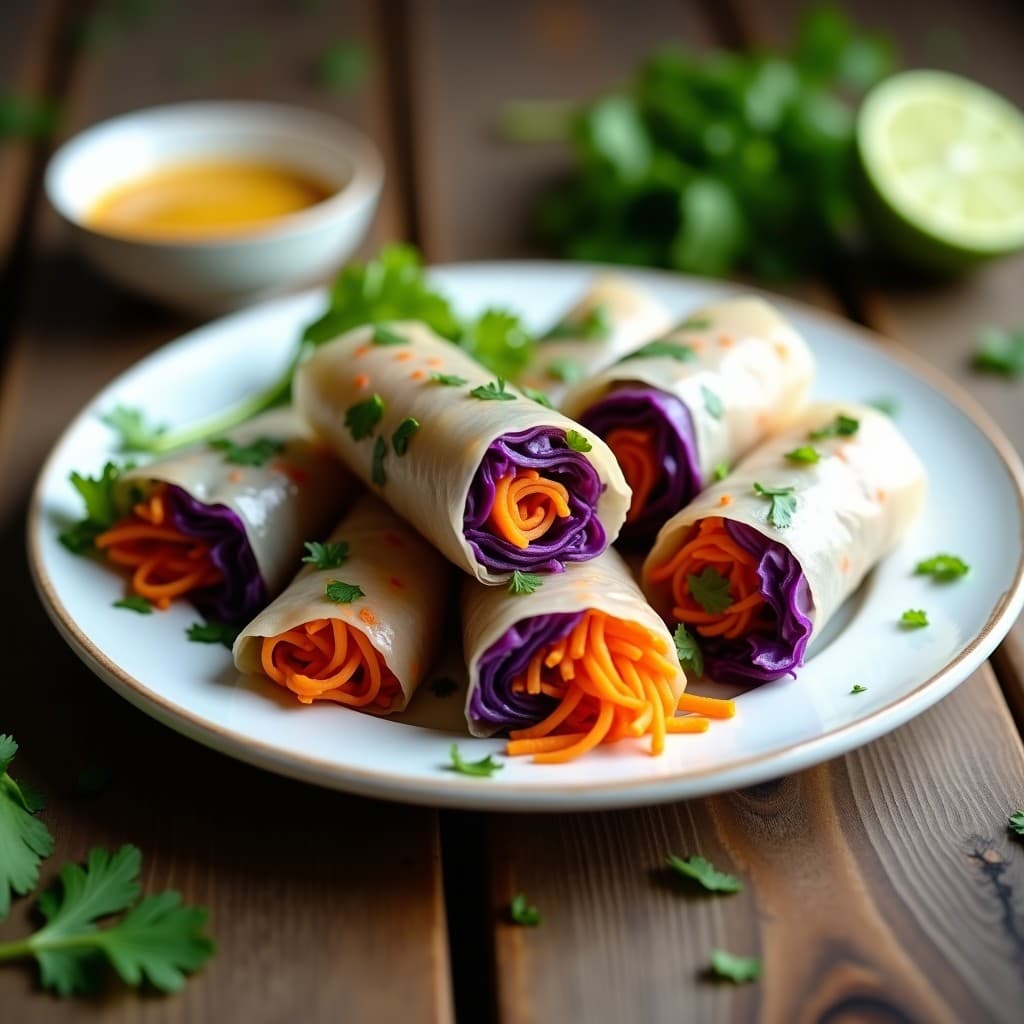 Rollos de primavera veganos crujientes con repollo morado, zanahoria y hierbas frescas, envueltos en papel de arroz translúcido, servidos con salsa de limón y jengibre.