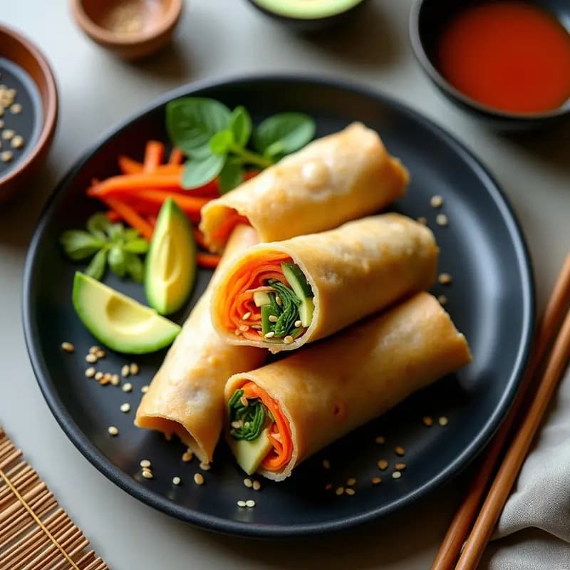 Rollos de primavera crujientes rellenos de fideos soba dorados, aguacate cremoso, zanahoria naranja, pepino verde y pimiento rojo, cortados por la mitad para mostrar el interior colorido. Acompañados de salsa de tamari y jengibre en un bol pequeño, espolvoreados con semillas de sésamo. Plato sobre fondo oscuro con decoración minimalista japonesa.