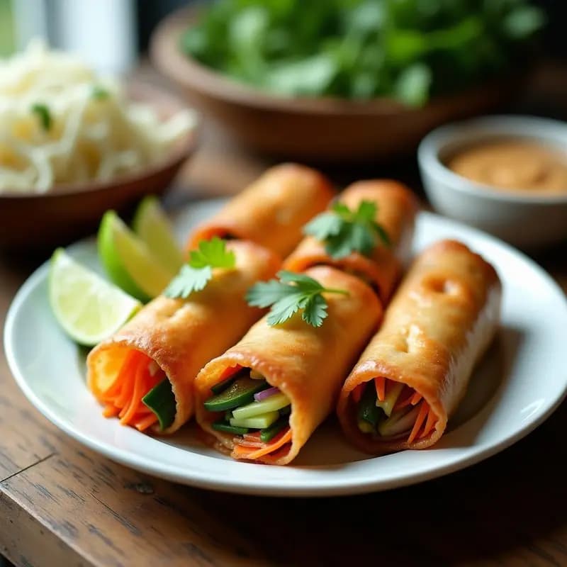 Rollos de primavera veganos crujientes horneados, con papel de arroz dorado, rellenos de tofu ahumado, zanahoria, pepino y cebolla morada, servidos en un plato blanco con salsa de cacahuete espesa y decorados con cilantro fresco y rodajas de lima.