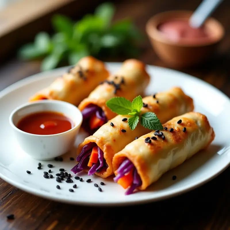 Rollos de primavera veganos dorados y crujientes en una fuente de madera, acompañados de salsa de tamarindo oscura con semillas de sésamo. Verduras frescas y coloridas asoman en el relleno, con un fondo de hojas de menta y rodajas de limón.