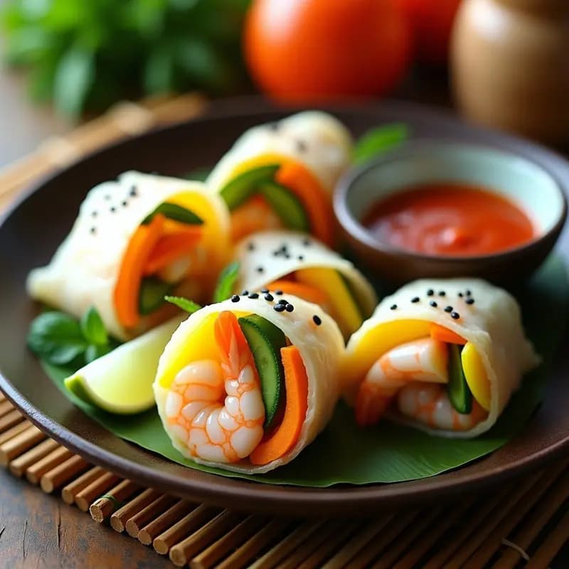 Rollos de primavera Viet Namitos crudiveganos con gambas y mango, cortados por la mitad sobre un plato de madera oscuro, acompañados de salsa de chile y lima en un bol pequeño. Decorados con semillas de sésamo negro y hojas de menta fresca.