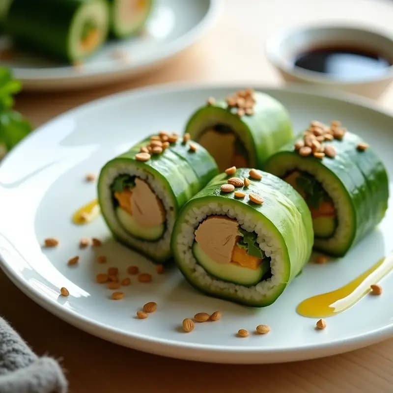 Rollos de sushi de pepino y hummus veganos sin arroz, cortados en diagonal, con semillas de sésamo y alga nori, servidos en plato blanco con salsa de soja.