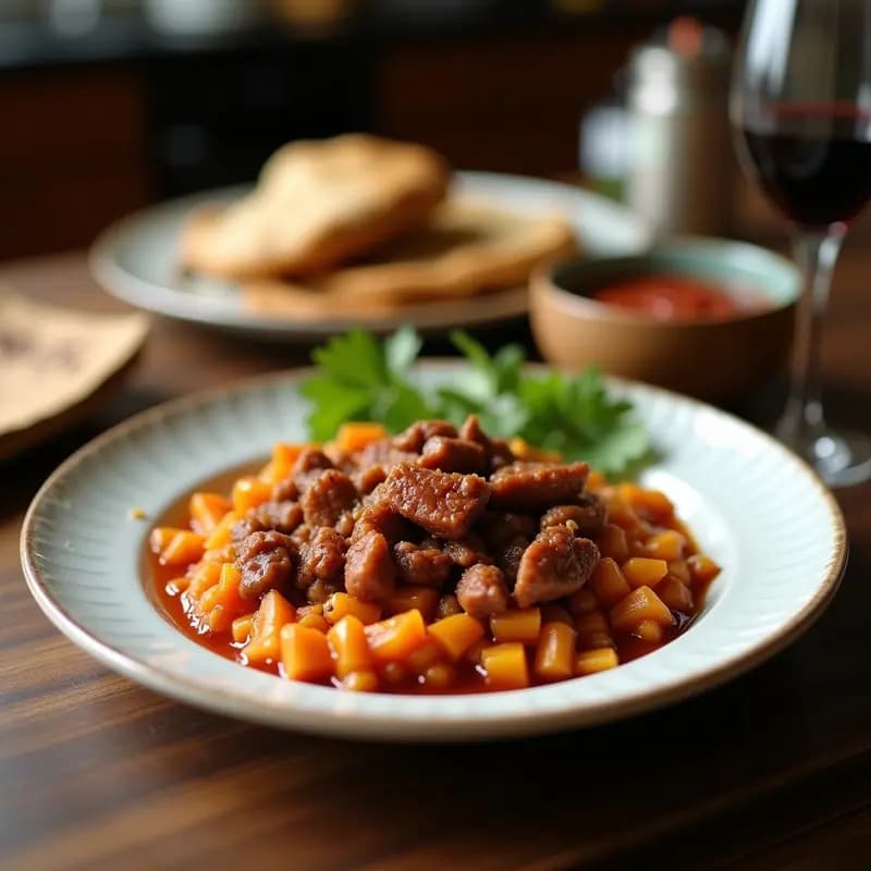 Plato hondo de barro con Ropa Vieja Cubana vegana de jackfruit desmenuzado, en salsa espesa de tomate con pimientos rojos y verdes, aceitunas y cilantro fresco. Acompañado de arroz blanco y plátano maduro frito, sobre fondo rústico de madera.