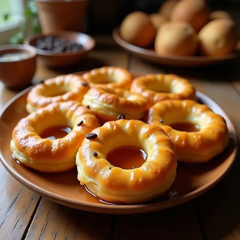 Roscos de anís con miel tradicionales dispuestos en una fuente de barro, dorados por fuera y brillantes por el baño de miel, con granos de anís visibles en la superficie.