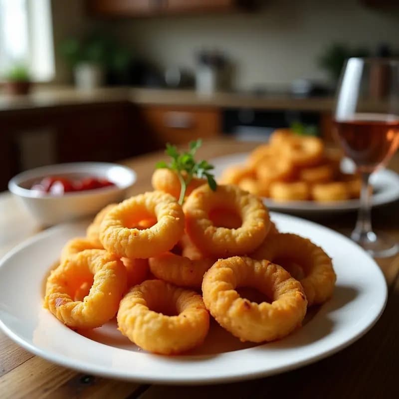 Plato de cerámica blanca con roscos fritos de anís dorados y crujientes, espolvoreados con azúcar glass, sobre un mantel rústico de lino. Receta tradicional de Semana Santa.
